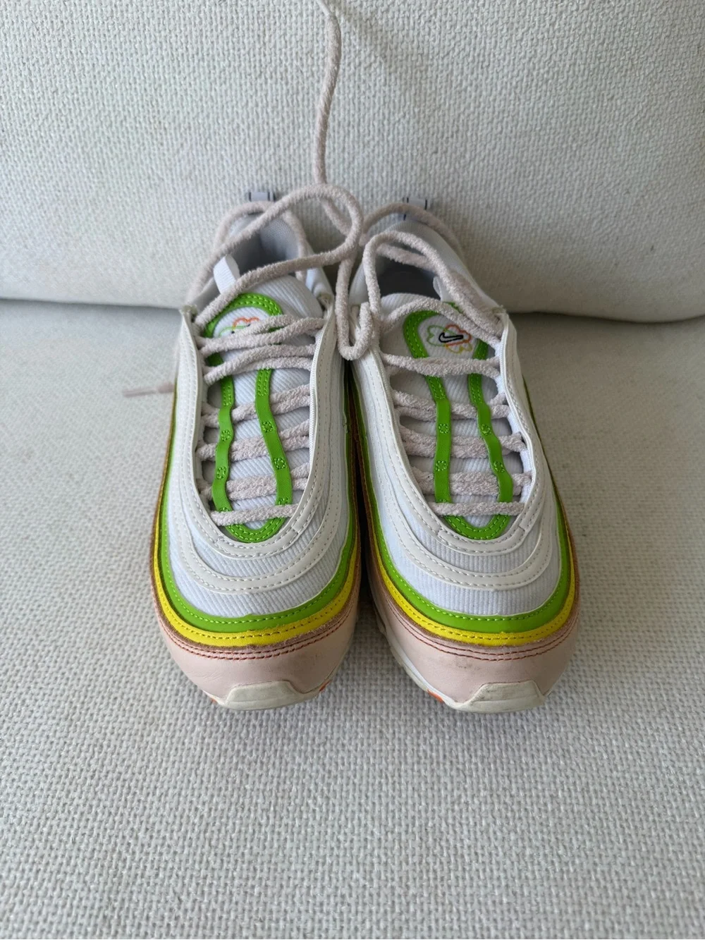 Nike Air Max 97 in Pastel Pink with Green & Yellow Stripes